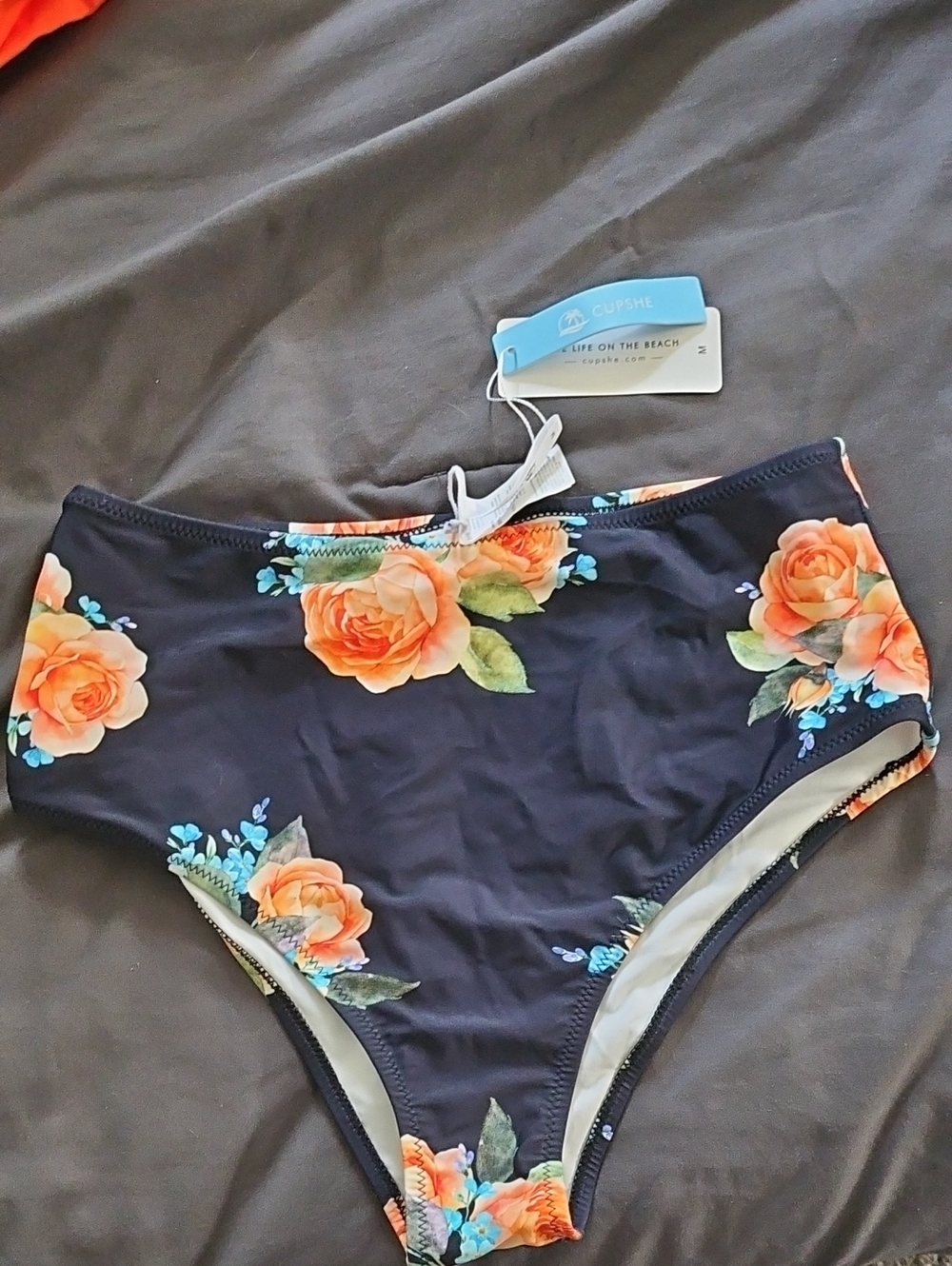 Cupshe Navy High-Waist Bikini Bottoms with Peach Floral Print